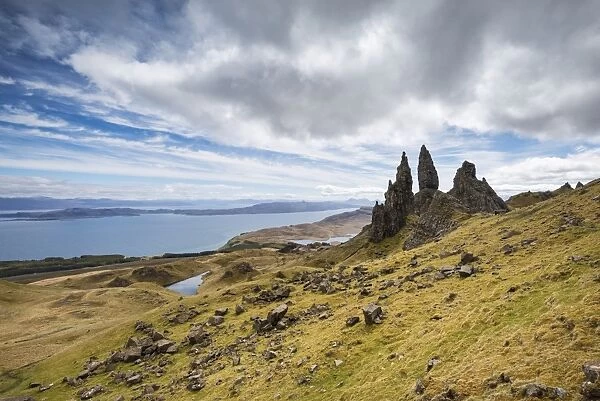 Bizarre rock formation, Old Man of Storr with the Sound of Rsay, Isle of Skye, Scotland, United Kingdom