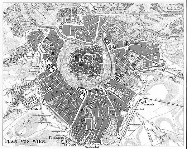 A black-and-white aerial map of Vienna, Austria