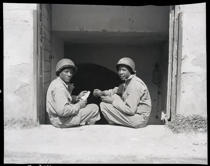 Framed Print : Black Soldiers Seated In Doorway Framed Print : Black Soldiers Seated In Doorway