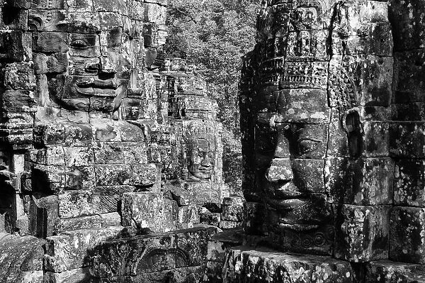 black and white buddha carving face of bayon temple the poppular temple