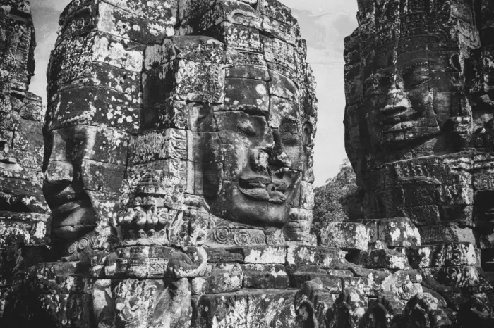 Framed Print : black and white buddha carving face of bayon temple the poppular temple
