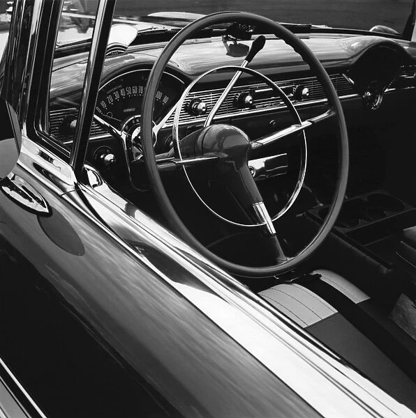 black and white, car, chevrolet, chevy, close up, day, drivers seat, heritage