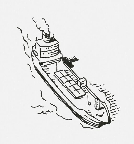 Black and white digital illustration of cargo ship at sea
