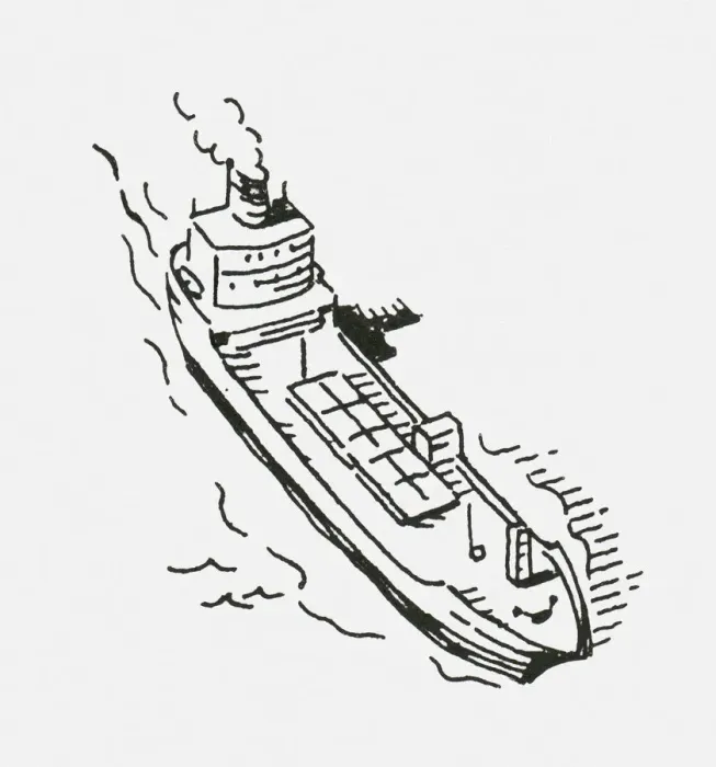 Framed Print : Black and white digital illustration of cargo ship at sea Framed Print : Black and white digital illustration of cargo ship at sea