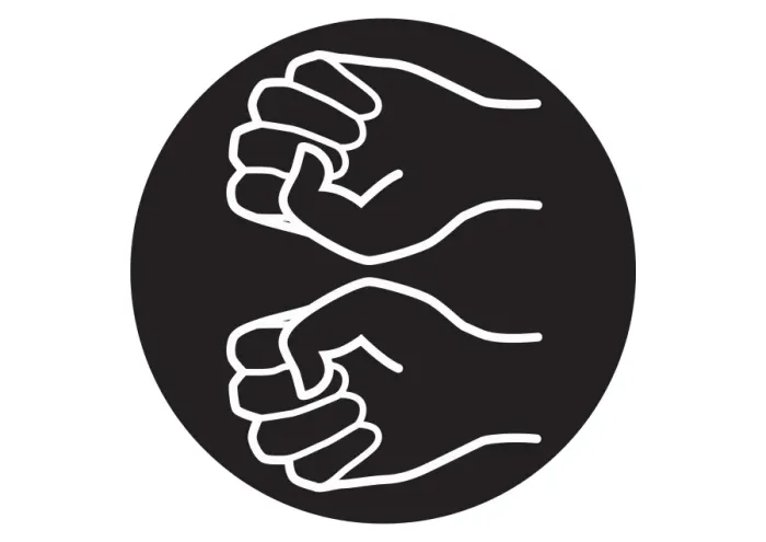 Framed Print : Black and white digital illustration of two clenched fists in black circle Framed Print : Black and white digital illustration of two clenched fists in black circle