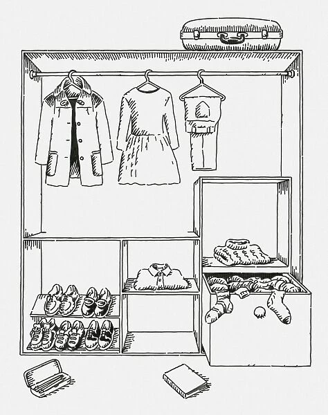 Black and white digital illustration of clothing and shoes in wardrobe and suitcase on top