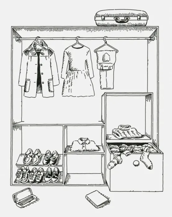 Framed Print : Black and white digital illustration of clothing and shoes in wardrobe and suitcase on top Framed Print : Black and white digital illustration of clothing and shoes in wardrobe and suitcase on top