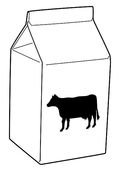 Black and white digital illustration of cow on front of milk carton