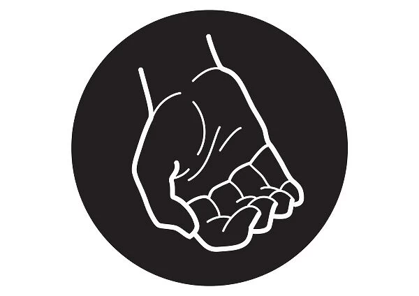 Black and white digital illustration of cupped hand in black circle