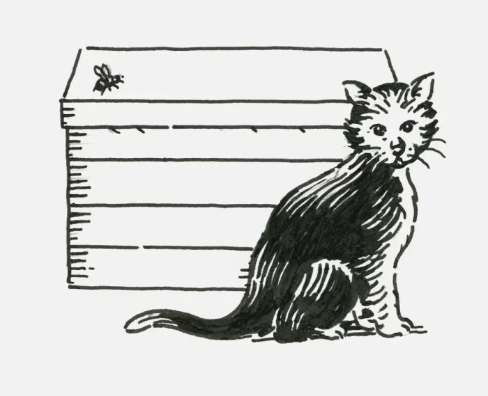 Framed Print : Black and white digital illustration of inquisitive kitten sitting near honeybee flying above beehiv Framed Print : Black and white digital illustration of inquisitive kitten sitting near honeybee flying above beehiv