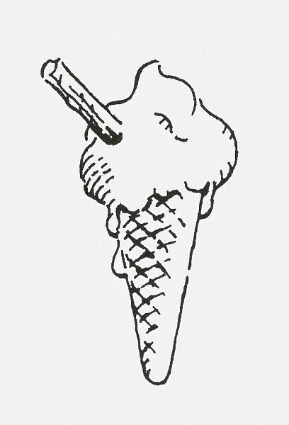 Black and white digital illustration of melting ice cream cone with chocolate flake