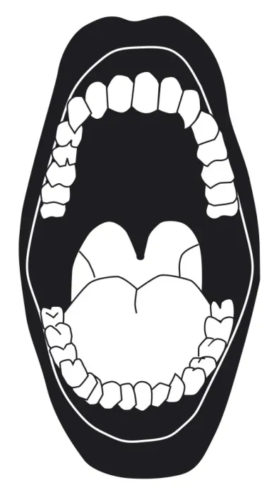 Framed Print : Black and white digital illustration of open mouth showing white teeth, tongue, and back of throat Framed Print : Black and white digital illustration of open mouth showing white teeth, tongue, and back of throat