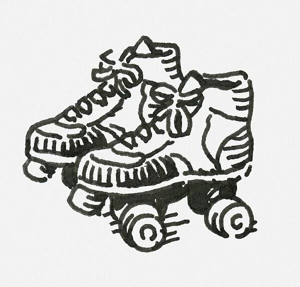 Black and white digital illustration of pair of childs roller skates