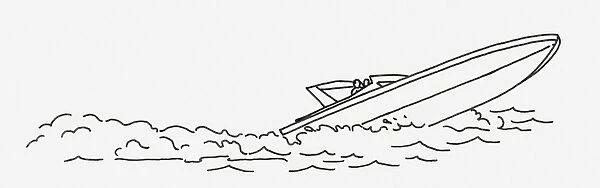 Black and white digital illustration of speed boat at sea