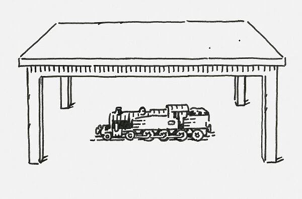 Black and white digital illustration of toy steam train below table