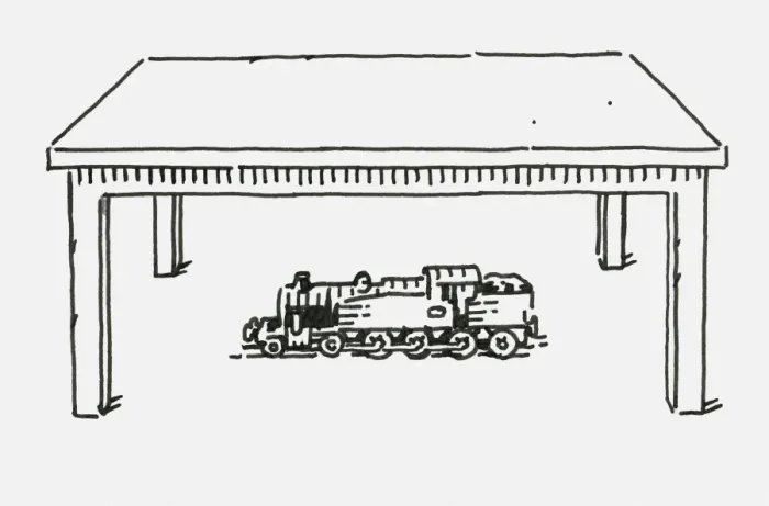 Framed Print : Black and white digital illustration of toy steam train below table