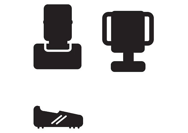 Black and white digital illustrations representing footballers head, trophy and football boot