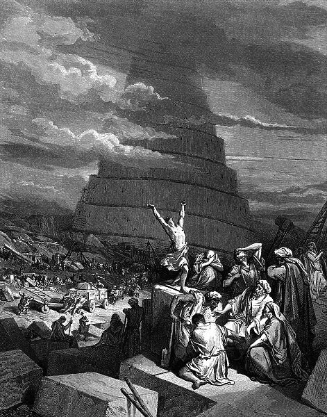 Black and white drawing of Tower of Babel