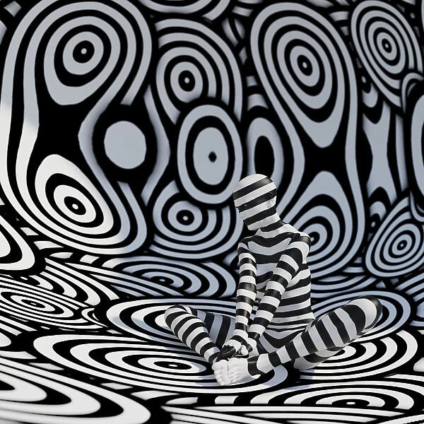 Black and white female figure with abstract backdrop