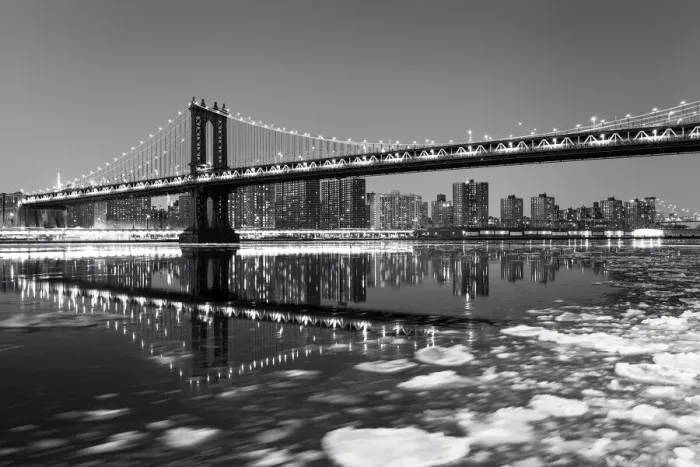 Framed Print : Black and White, Frozen East River, Manhattan Bridge, New York City, New York, America Framed Print : Black and White, Frozen East River, Manhattan Bridge, New York City, New York, America