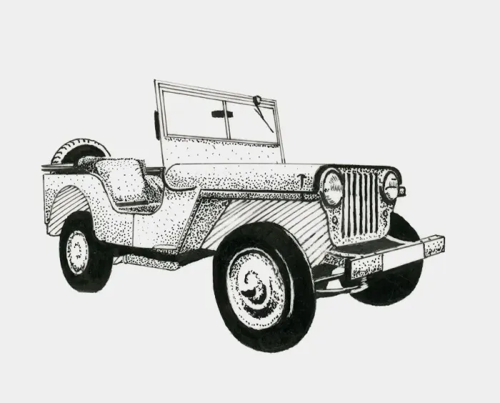 Framed Print : Black and white illustration of 1950s jeep Framed Print : Black and white illustration of 1950s jeep