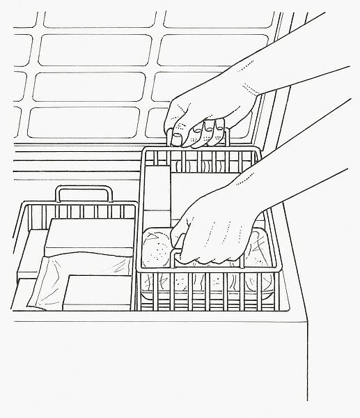 Black and white illustration of adding storage to freezer