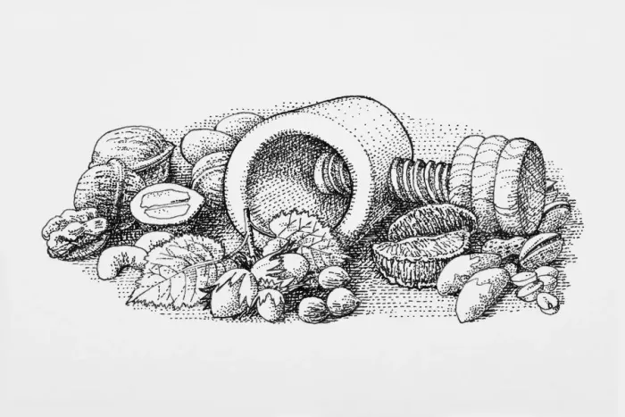 Framed Print : Black and white illustration of almonds, walnuts, and Brazil nuts surrounding nutcracker Framed Print : Black and white illustration of almonds, walnuts, and Brazil nuts surrounding nutcracker