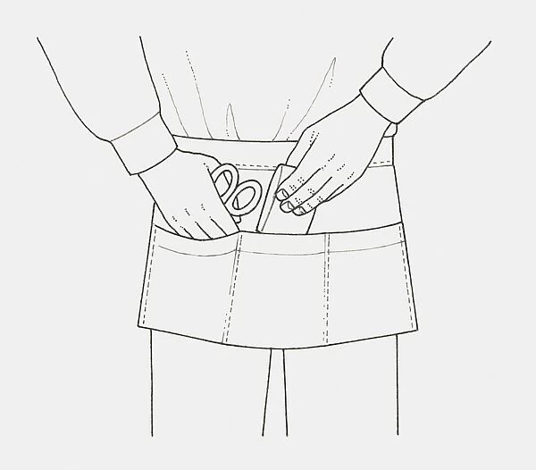Black and white illustration of an apron with pockets, holding small items like scissors