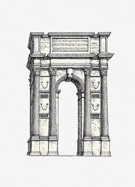 Black and white illustration, Arch of Trajan, Ancona, Italy