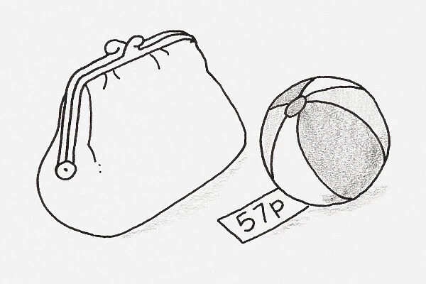 Black and white illustration of a ball with a price tag, next to a purse