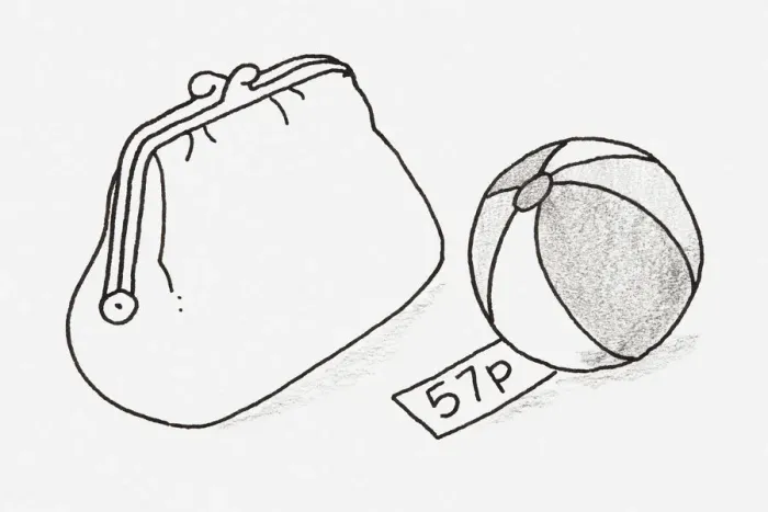 Framed Print : Black and white illustration of a ball with a price tag, next to a purse Framed Print : Black and white illustration of a ball with a price tag, next to a purse