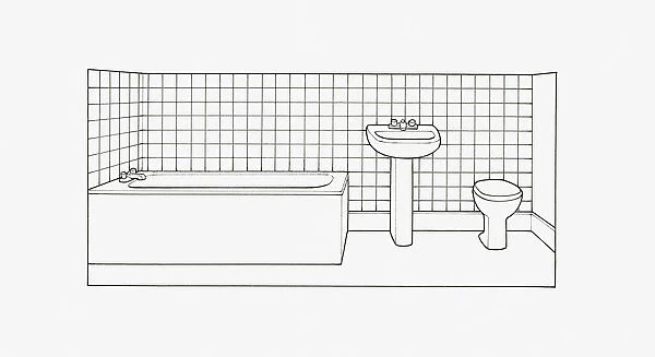 Black and white illustration of bathroom layout