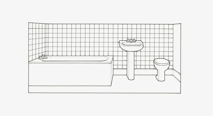 Framed Print : Black and white illustration of bathroom layout Framed Print : Black and white illustration of bathroom layout