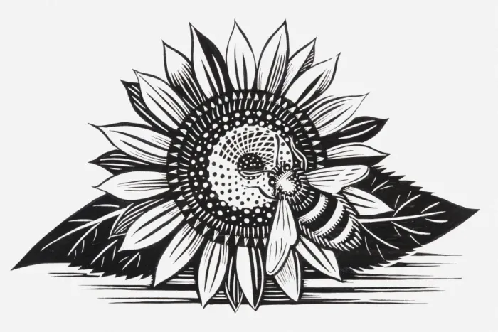 Framed Print : Black and white illustration of bee on sunflower Framed Print : Black and white illustration of bee on sunflower