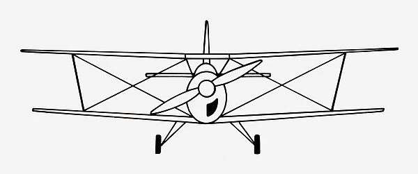 Black and white illustration of biplane propeller aircraft