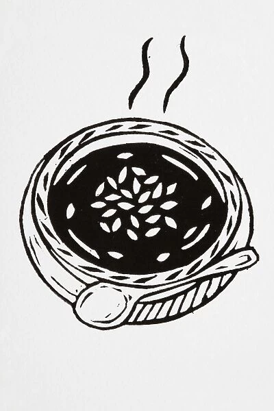 Black and white illustration of bowl of hot soup garnished with seeds, and a spoon