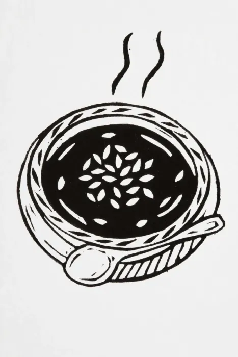 Framed Print : Black and white illustration of bowl of hot soup garnished with seeds, and a spoon Framed Print : Black and white illustration of bowl of hot soup garnished with seeds, and a spoon