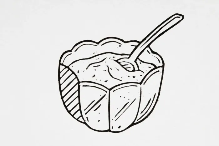 Framed Print : Black and white illustration of bowl of pudding with spoon Framed Print : Black and white illustration of bowl of pudding with spoon
