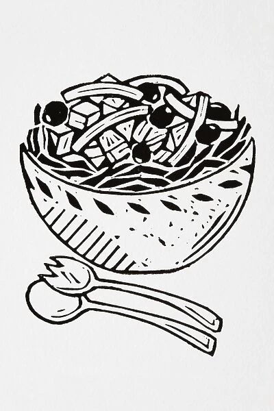 Black and white illustration of bowl of salad with olives, and salad servers