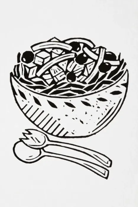 Framed Print : Black and white illustration of bowl of salad with olives, and salad servers Framed Print : Black and white illustration of bowl of salad with olives, and salad servers