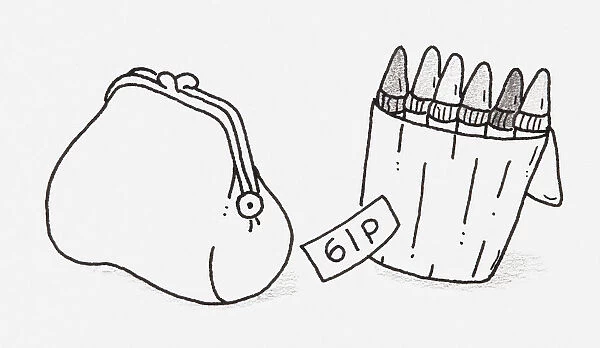 Black and white illustration of a box of crayons with a price tag, next to a purse
