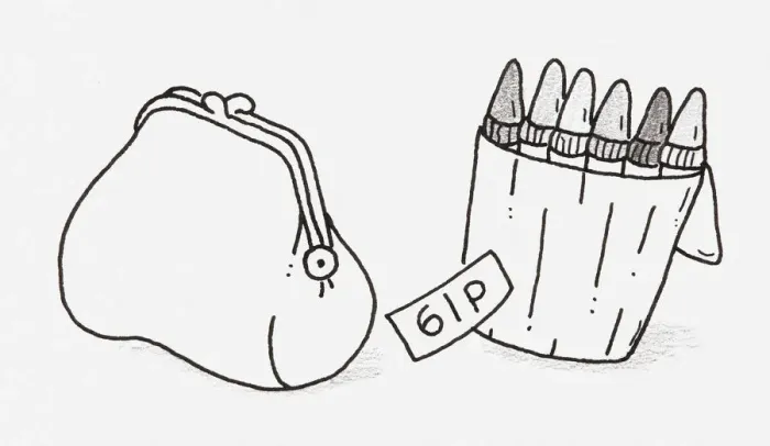 Framed Print : Black and white illustration of a box of crayons with a price tag, next to a purse