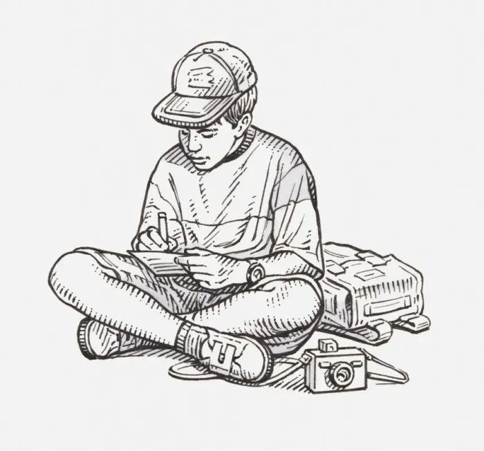 Framed Print : Black and white illustration of a boy sitting cross-legged on the floor and making notes, camera and satchel nearby Framed Print : Black and white illustration of a boy sitting cross-legged on the floor and making notes, camera and satchel nearby