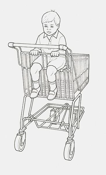 Black and white illustration of boy sitting in supermarket trolley