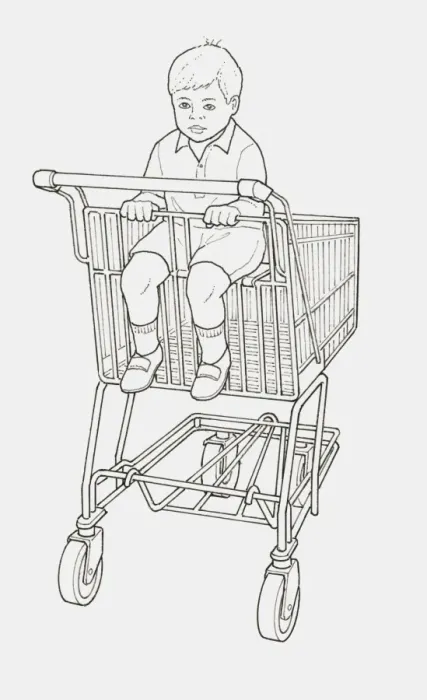 Framed Print : Black and white illustration of boy sitting in supermarket trolley Framed Print : Black and white illustration of boy sitting in supermarket trolley