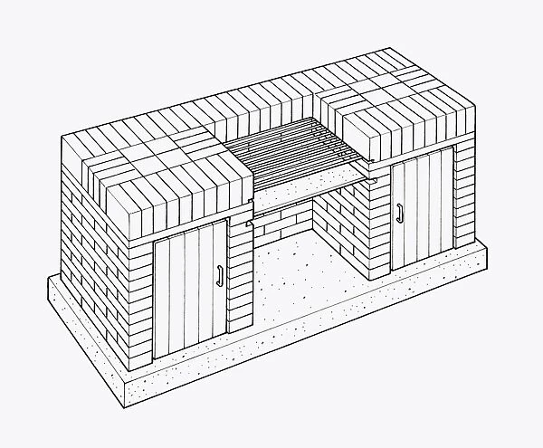 Black and white illustration of brick built barbecue with grill and storage cupboards