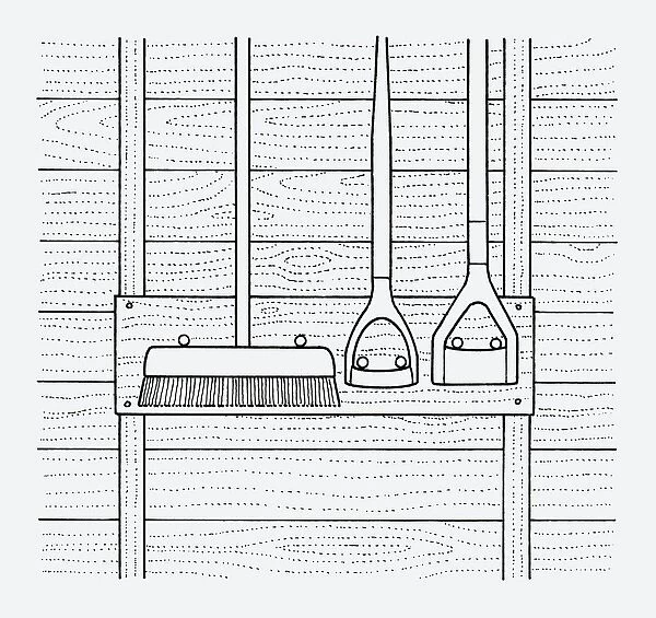 Black and white illustration of broom and hoes hanging on tool rack in shed
