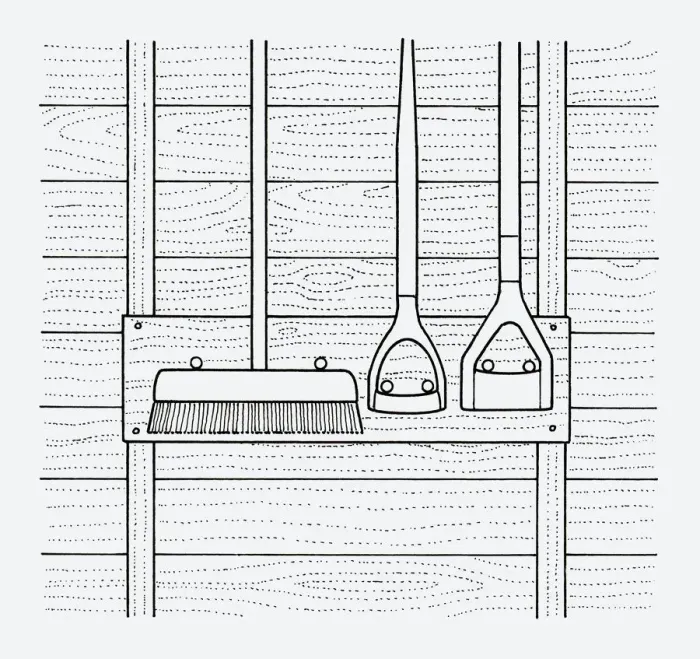 Framed Print : Black and white illustration of broom and hoes hanging on tool rack in shed Framed Print : Black and white illustration of broom and hoes hanging on tool rack in shed