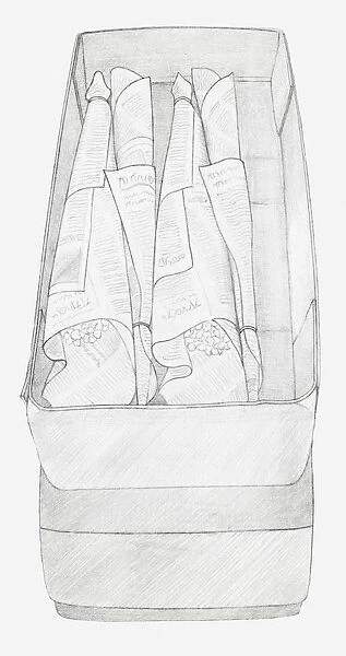 Black and white illustration of bunches of dried flowers wrapped up in newspaper and packed in a box, top to tail (storing dried flowers)