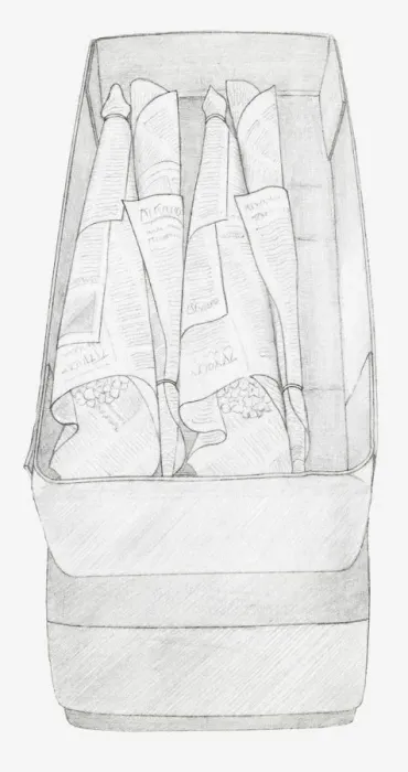 Framed Print : Black and white illustration of bunches of dried flowers wrapped up in newspaper and packed in a box, top to tail (storing dried flowers)